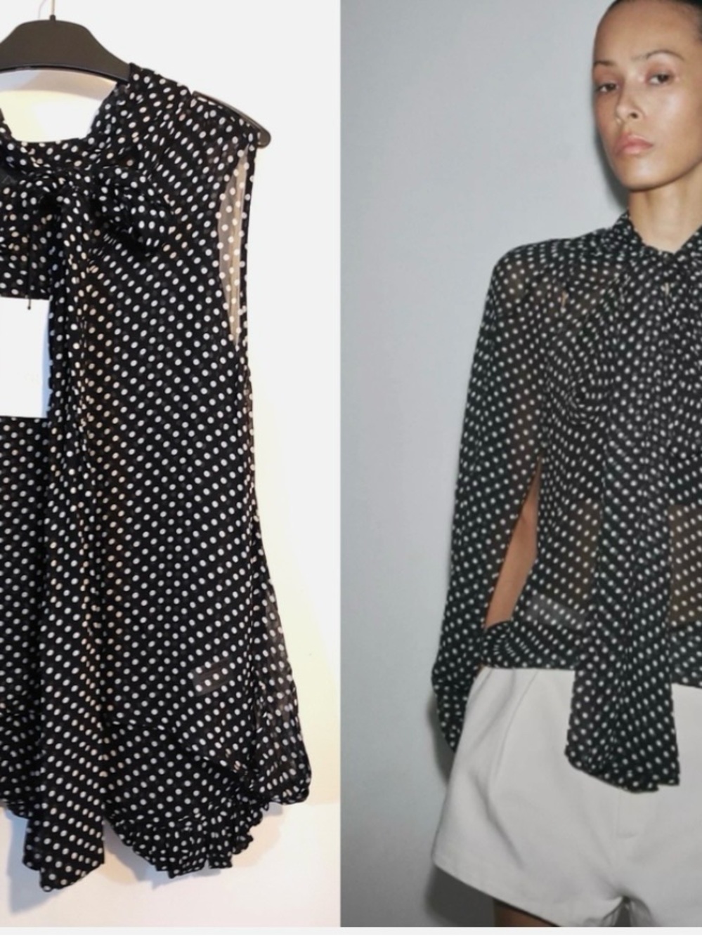 Zara Black and White Polka Dot Tie-Neck Blouse
